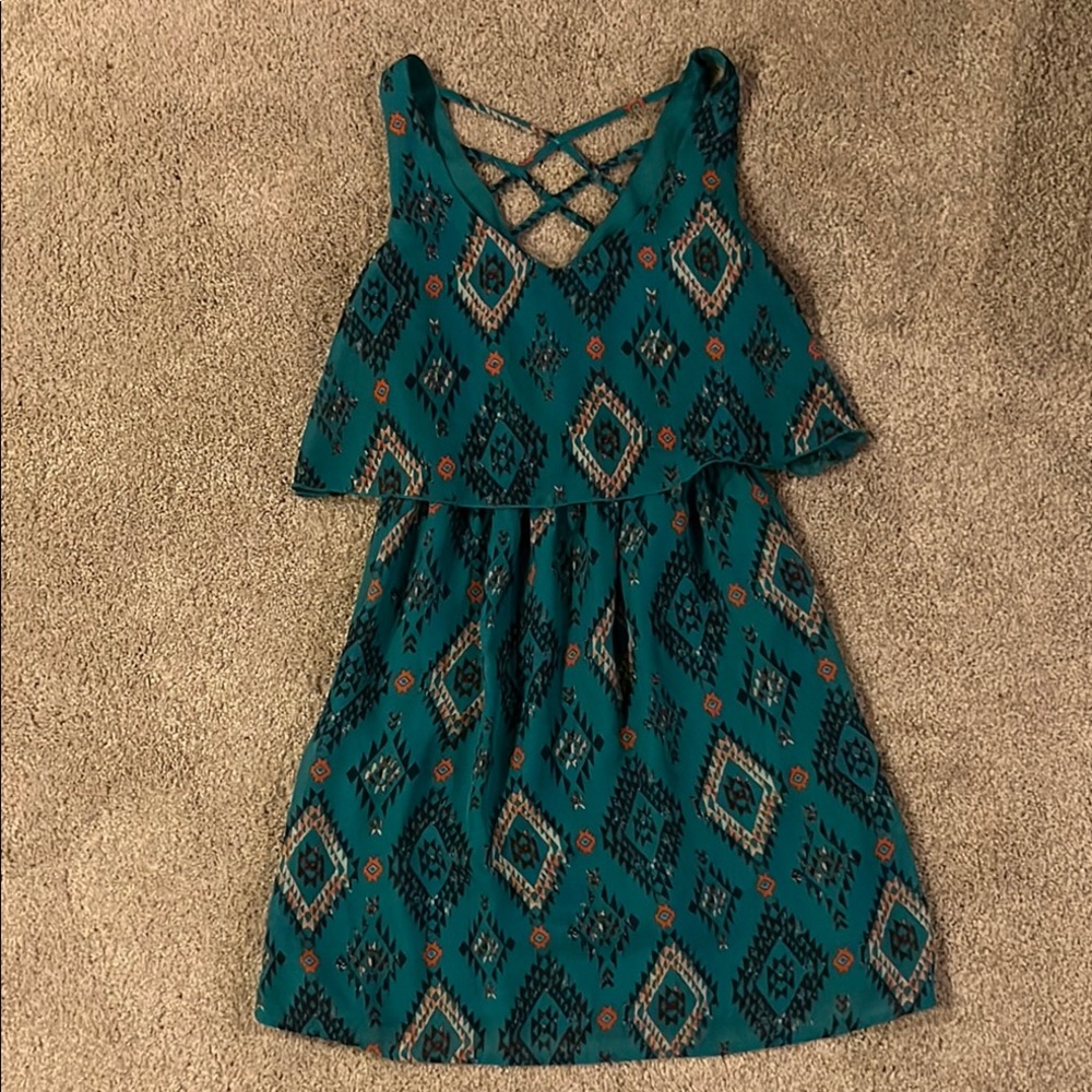 Teal Sleeveless Dress with Geometric Pattern